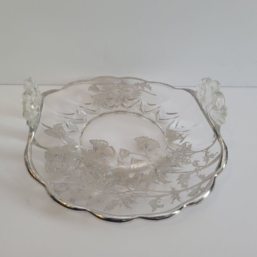 Antique Silver City Flanders Overlay Glass Candy Dish With Floral Design & Handl